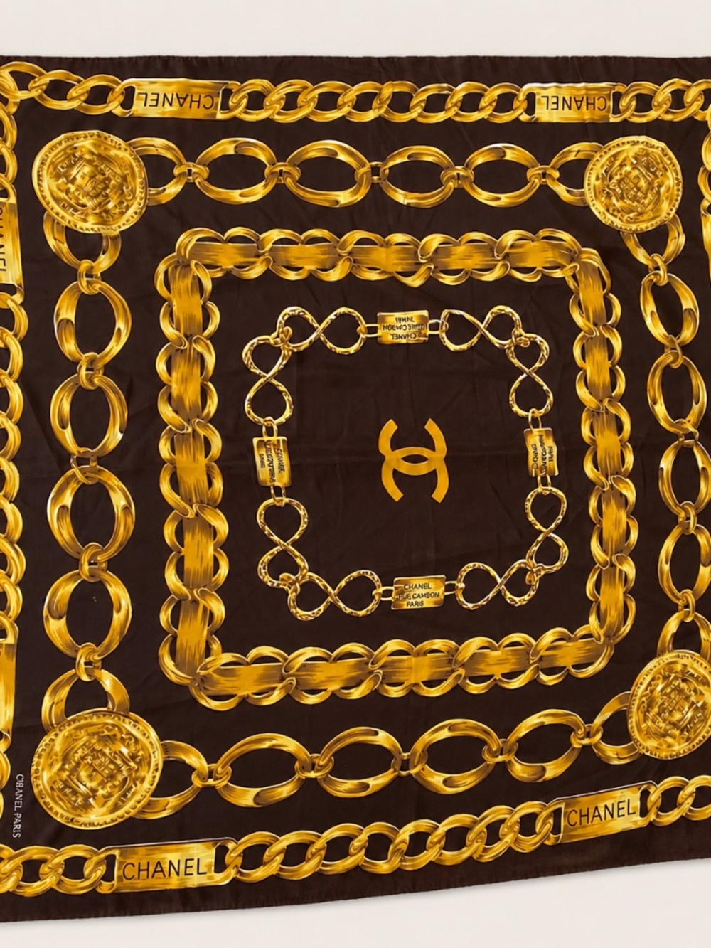Authentic Vintage Chanel Silk Scarf, Circa 1990 – Gold Chain & Rue Cambon Print